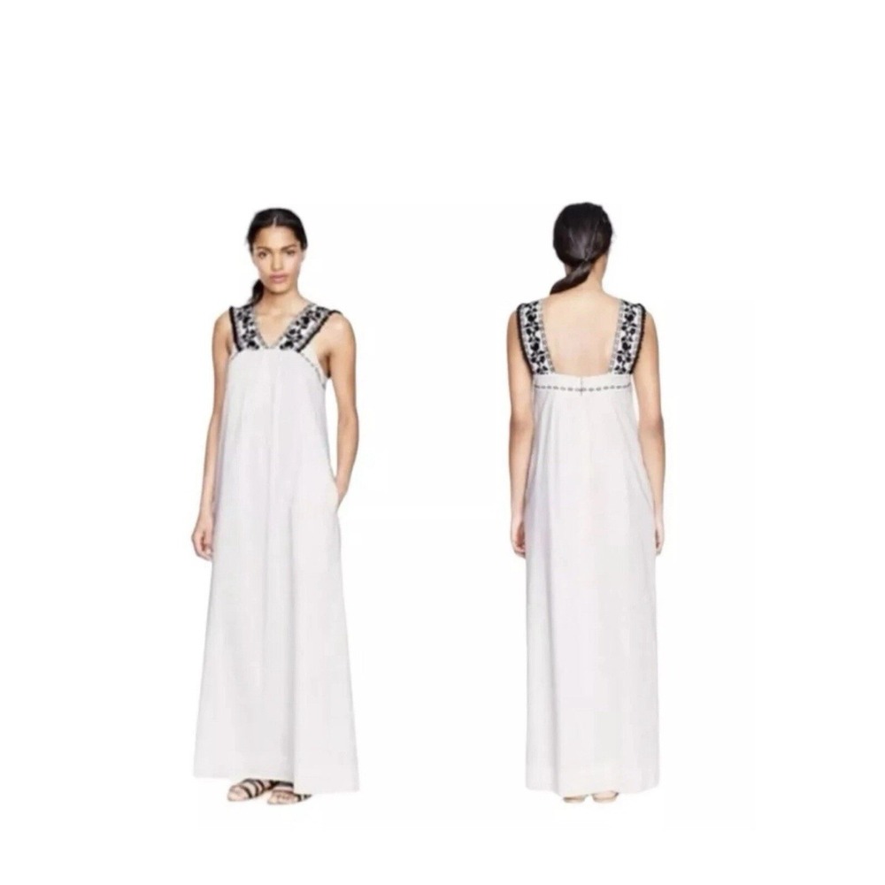 Boho Embroidered Floral Pom Pom Trim Cotton Maxi Dress White‎ Navy Pockets